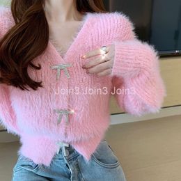 Autumn new womens v-neck rhinestone bow buttons patchwork mohair wool knitted long sleeve short sweater cardigan coat plus size SML