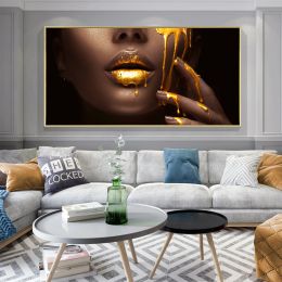 One Piece Gold Lip Modern Portrait Print Wall Art Canvas Painting Women Painting Living Room Home Decor Unframed