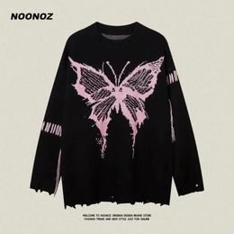 American street butterfly jacquard hole round neck sweater suitable for oversized couples who are lazy in autumn and winter 240429