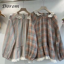 Women's Blouses Japanese Mori Girl Plaid Shirt For Women Spring Ruffled Puff Sleeve Kawaii Lolita Tops Female Casual Loose Cotton Linen