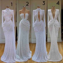 Newest Glitter Mermaid Evening Dresses High Collar Sequins Beaded Long Sleeve Sweep Train Formal Party Gowns Custom Made Long Prom Dres 247R