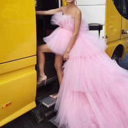 2020 Fashion Pink Tiered High Low Tutu Prom Dresses Off The Shoulder Puffy Long Prom Gowns Chic Tulle Prom Gown 238k
