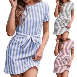 Casual Dresses A Dress Shirt With Women Stripe Short O-Neck Sexy Bandage Mini Fashion Sleeve Summer Beach