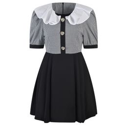 Summer Black Contrast Colour Panelled Dress Short Sleeve Peter Pan Neck Buttons Short Casual Dresses Y4W09227N