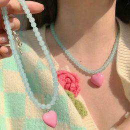 Beaded Necklaces INS Fashion Pink Resin Bead Pendant Necklace Suitable for Women Korean Temperature Pearl Bead Necklace Jewelry Accessories Gift d240514