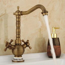 Kitchen Faucets Faucet All Copper European Antique Double Spiral Handle Rotatable And Cold Mixing Ceramic