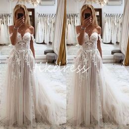 Fairy Boho Lace Wedding Dresses 2024 Off Shoulders Appliques Lace Bridal Dress Elegant Gatsby Cival Country Bridal Dress Summer Beach Tulle Bride Dress Vestio Novia