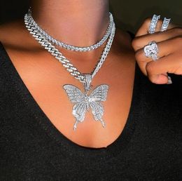 Pink Clear Crystal Butterfly Pendant Charm Miami Curb Cuban Chain Hip Hop Necklace Rapper Gift Rock for Men Women Jewelry3109131