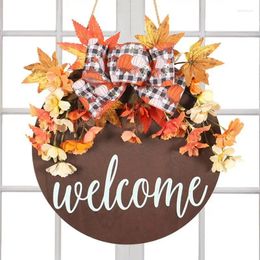 Decorative Flowers Thanksgiving Welcome Door Sign Wood Rustic Fall Plate With Bow For Window Party Decorations