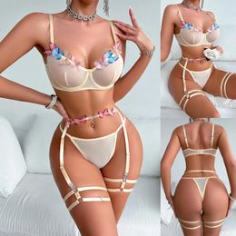 Bras Sets Ladies Erotic Lingerie Mesh Transparent Sexy Colorful Butterfly Design Bra Set Beige Half Cup Push Up Underwear Suits