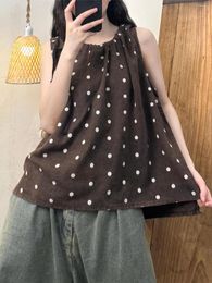 Women's Tanks Linen Women Vest Printing Dots 2024 Summer Retro Sleeveless Tank Casual Loose Fashion Lady Blouse YoyiKamomo