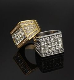 Hip Hop Men039s Ring Rhinestone Paved Bling Iced Out Gold Stainless Steel Geometric Square Finger Rings for Men Rapper Jewellery 4542111