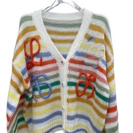 Women's single-breasted V-neck rainbow gradient stripe logo letter embroidery loose knit sweater cardigan SML