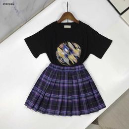 Luxury baby tracksuits Summer girls dress kids designer clothes Size 120-160 CM Embroidered circular pattern design T-shirt and plaid skirt 24May