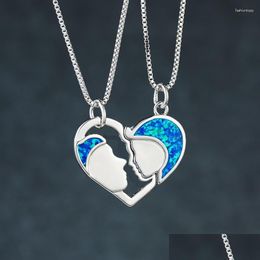 Pendant Necklaces Blue Fire Opal Stone Couples Necklace Geometric Heart Detachable Vintage Sier Color Chain For Drop Delivery Dhpcb