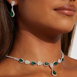 Earrings Necklace 2 pieces of water drop green crystal bride Jewellery set for womens wedding simple rhinestone necklace and earring set accessories gift XW