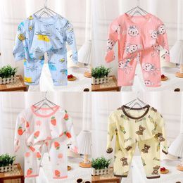 Pajamas 2024 New Baby Cotton Home Clothing Childrens Set Boys and Girls Nine Quart Sleeves Pajamas Childrens Long T-shirt+PantsL2405
