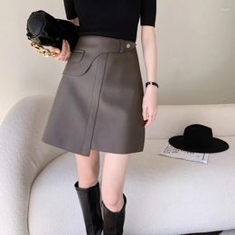 Skirts Women Fashion 2024 Harajuku Sheepskin Leather Short Skirt Irregular Pocket A-line Sexy Mini Grey/Black Solid