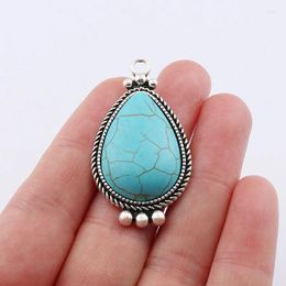 Charms 2 X Tibetan Silver Boho Imitation Turquoises Stone Droplet Shape Pendants For Necklace Making Accessories 45x25mm