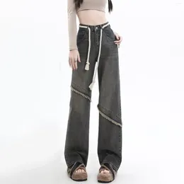 Women's Jeans 2024 Spring Autumn Women Spliced Ragged Edge Y2K Harajuku Street High Waisted Straight Leg Denim Pants Drawstring Trousers