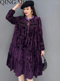 Casual Dresses QING MO 2024 Autumn Winter Korean Style Doll Collar Dress Women Mid Length Full Sleeve Trendy Fashion ZXF4609