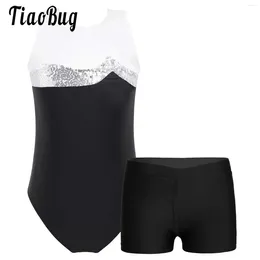 Clothing Sets Kids Girls Sleeveless Bodysuit Suit Shiny Sequins Color Block Patchwork Leotard Waistband Shorts Sports Outfit Dance