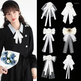 Brooches Fashion White Lace Ribbon Camellia Flower For Women Fabric Bow Tie Collar Pins College Style Necktie Jewellery Gifts