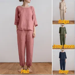 Women's Two Piece Pants Summer Blend Cotton Set Women Commuting Fashion Elegant Loose O-Neck Long Sleeve Large Size 2 Sets Outfit