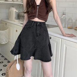 Skirts Lady High Waist Pleated Skirt Summer Mini Black Denim For Women's A-Line Fishtail Mid Short Jeans