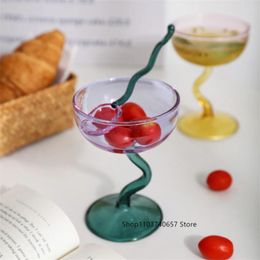 Wine Glasses Ins Style Twist Bar Handle Ice Cream Cup Colour Milkshake Dessert Glass Korean Household High Foot Pudding Bowl