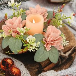 Decorative Flowers Candle Ring Wreath Artificial Elegant Dahlia With Green Leaves For Home Wedding