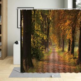 Shower Curtains Road Under The Trees In Autumn Decor Bathroom Yellow Forest Nature Landscape Curtain For Living Room With Hooks