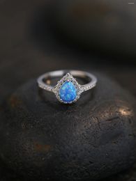 Cluster Rings Sterling 925 Silver Women's Droplet Ring With Dazzling Blue Opal And Zircon Vintage Elegant Style Party Or Engagement