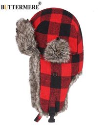 BUTTERMERE Winter Hats For Mens Bomber Hat Fur Red Warm Earflap Cap Windproof Women Thicker Plaid Russian Ushanka Hat Black Blue T6146541