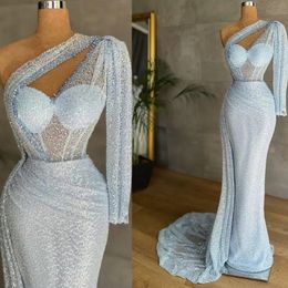 Light Blue Sequins Bling Prom Dresses Luxury Beaded Long Sleeves Formal Evening Dress One Shoulder Party Pageant Gowns Robe De Mariee 290e