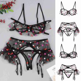 Bras Sets Mesh Embroidered Underwear Womens Transparent Underwear Set Bra+G-String+Suspenders Kawaii Bra Set Sey Erotic Underwear Set XW