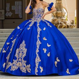 Mexico Royal Blue Quinceanera Dress Off The Shoulder Ball Gown Gold Butterfly Applique Beaded Corset Sweet 16 Vestidos De 15 Anos