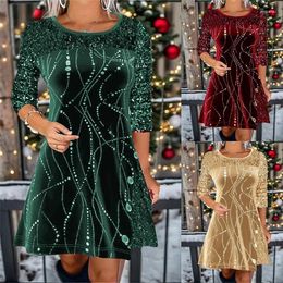 Casual Dresses Ladies Christmas Sequins Long-sleeved O-neck Slim A-line Dress Autumn And Winter Festival Party Mature