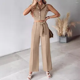Women's Two Piece Pants Women Straight Leg Set Lady Formal Outfit Elegant Vest Wide For Office Attire With Lace-up Belt