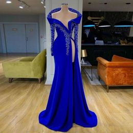 Sexy Royal Blue Mermaid Evening Dresses Long Off Shoulder High Side Split Prom Dress Appliques Beads Crystal Long Sleeve Party Gowns 272c