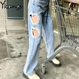 Women's Jeans Sweet Hollow Out Lace Stitching Ripped Wide Leg Korean Asymmetric Women Denim Pants Kawaii Cute High Waist Trousers