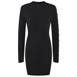 2024 Autumn Black Solid Color Dress Long Sleeve Round Neck Short Casual Dresses Y4W092211001