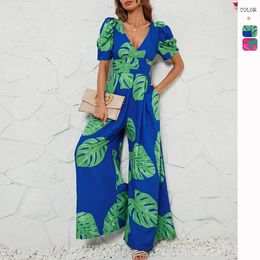 Summer High Waist Short Sleeve Spicy Girl Wide Leg Jumpsuit Women Swimsuit Cover Up Bath Outlet Beachwear Kaftan Flower