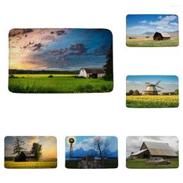 Bath Mats Country Farmhouse Field Natural Scenery Windmill Harvest Truck Tree Chalet Flannel Bathroom Decor Rug Non Slip Backing