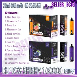 ELF BOX SHISHA 16000 Puff Disposable E Cigarettes 600mAh 28ml Pod Battery Rechargeable Electronic Cigs Puffs 16K 0% 2% 3% 5% 12 Flavors Vape Pen