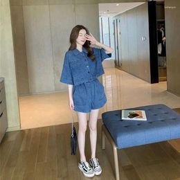 Women's Jackets 2024 Summer Suit Korean Loose Denim Jacket Short Pants Two Piece Sets Jean For Women Sleeve Coat