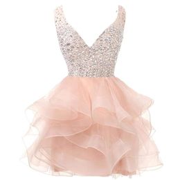 Sweet Sexy Backless Deep V-Neck Crystal Sequins Mini Ball Gown Homecoming Dress With Beading Plus Size Graduation Cocktail Prom Party G 2964