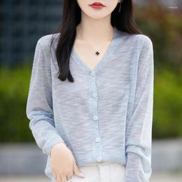 Women's Knits 2024 Spring/Summer Thin Knitted Wool Cardigan Solid Colour V-neck Long Sleeve Top For Women