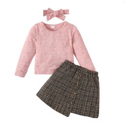 Clothing Sets 3Pcs Toddler Girl Skirt Set Long Sleeve Crewneck Sweatshirt Tops Plaid A-Line Dress Headband Fall Clothes