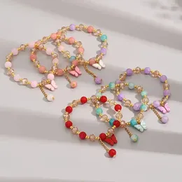 Link Bracelets Crystal Hand Jewellery Colourful With Butterfly Pendant Sweet Glass Beads Bracelet Temperament Alloy Women Bangle Female